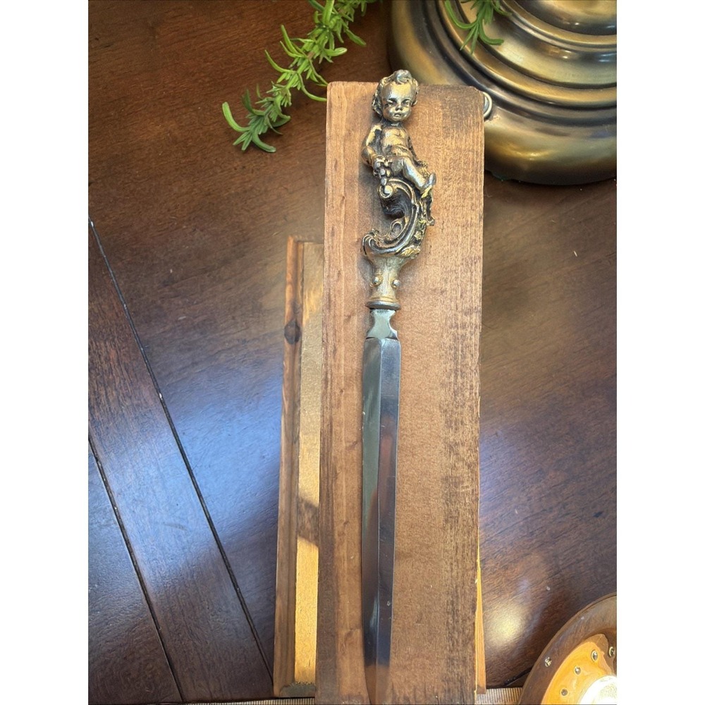 Vtg Antique Art Deco Boy Silver Figural Fancy Letter Opener Desk Paper Knife